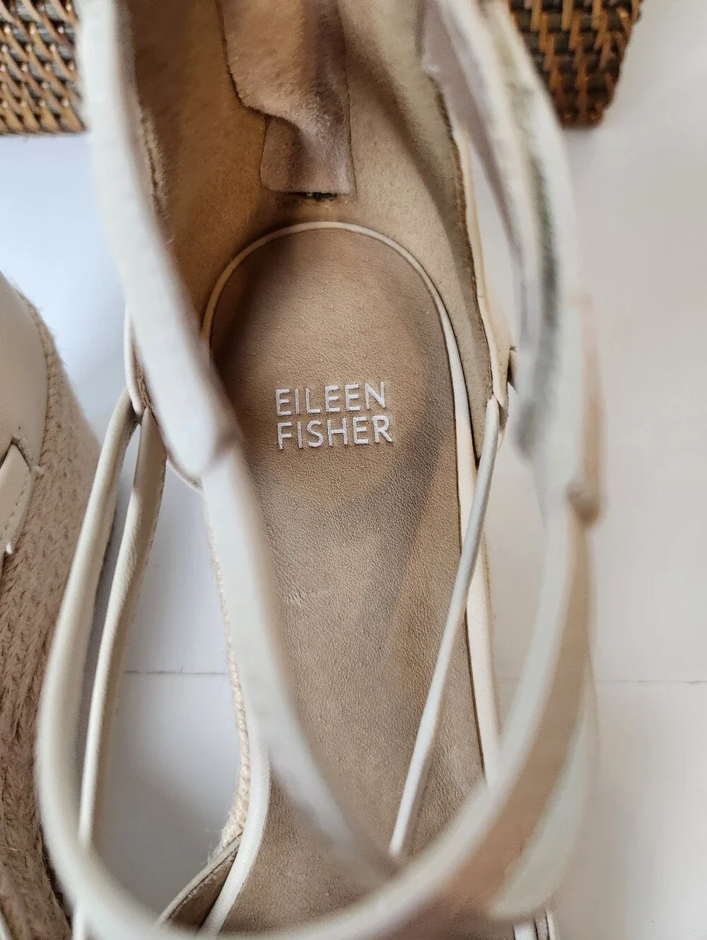 Eileen Fisher Wesson Leather Strappy Espadrille Ivory Jute Wrapped Heel Sandal